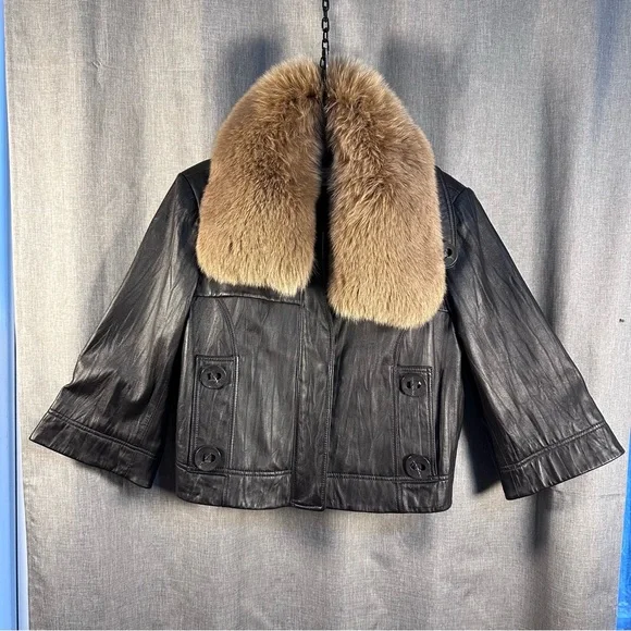 Genuine Brown Leather Jacket with Fox Fur Collar by Peter Nygard, Size Large - Picture 1 of 16